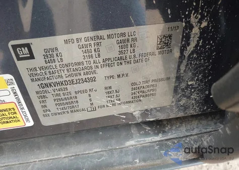 2014 Chevrolet Traverse 2Lt from USA, damaged, VIN 1GNKVHKD3EJ234392